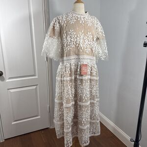 Ivy City Co. Cream Lace Midi Dress